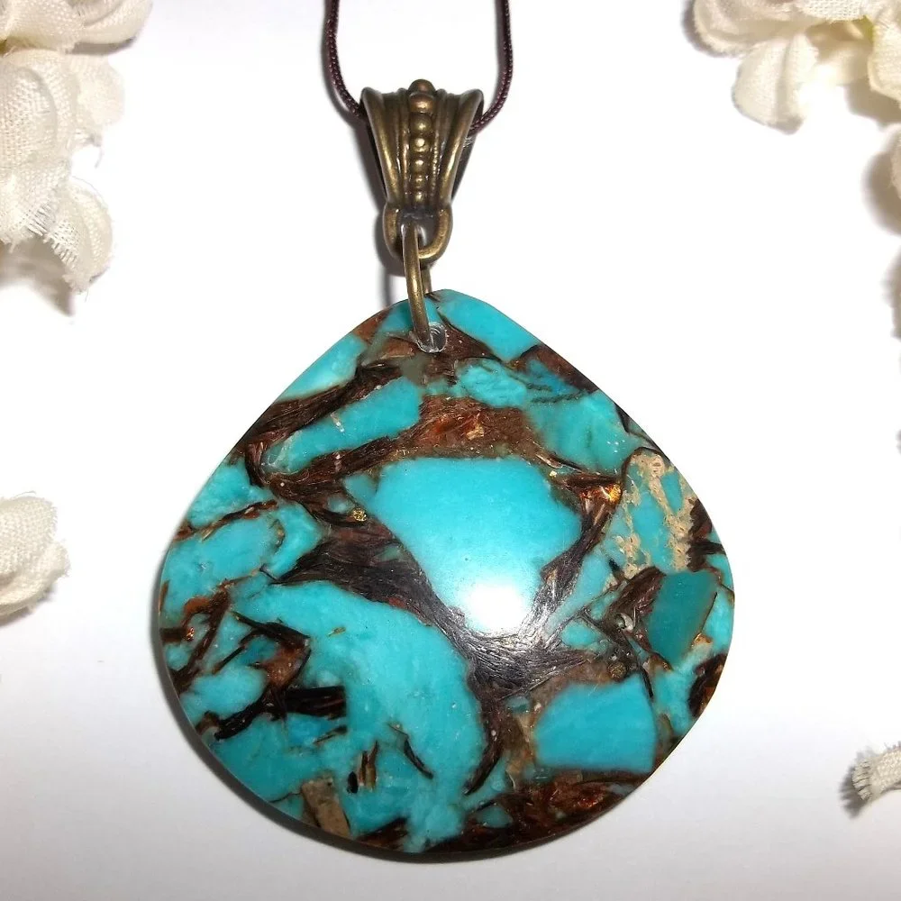 Medallion Cord Necklace Turquoise Blue Faux Gemstone Brown Bronze Western A768